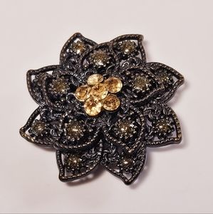 Antique Bronze Tone & Amber-Colored Rhinestone Flower Brooch/Pendant